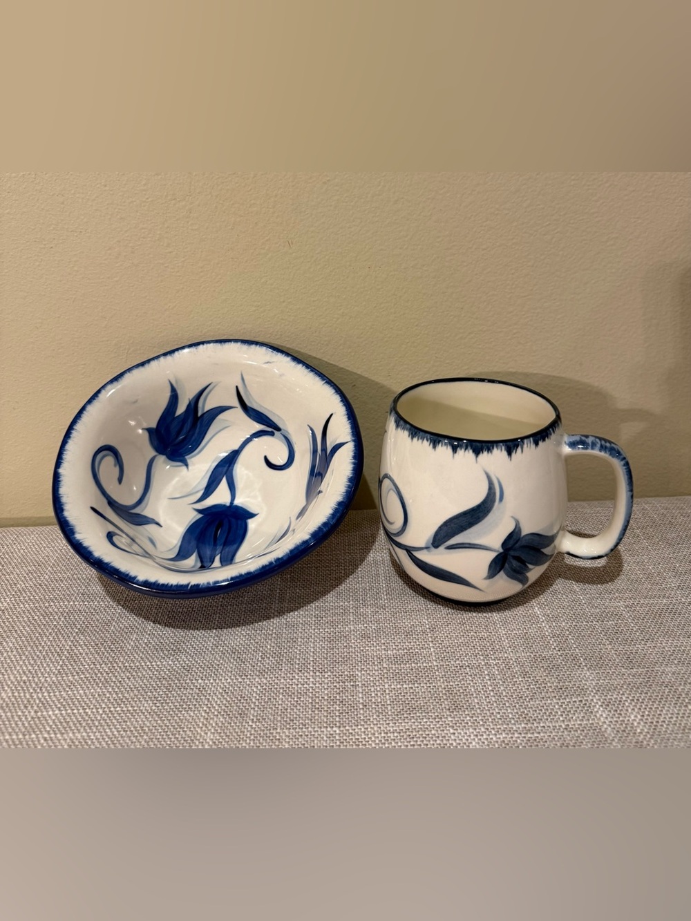 VTG Gail Pittman Hand Painted Blue Floral Pottery Mug & Bowl Set Signed 2008